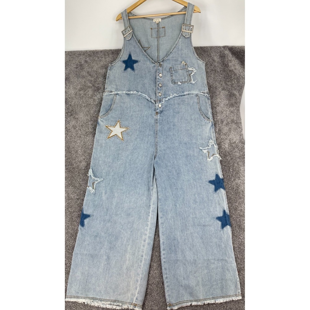 NWOT POL Clothing Denim Overalls Size L Star Patch Boho Distressed Wide Leg Bibs